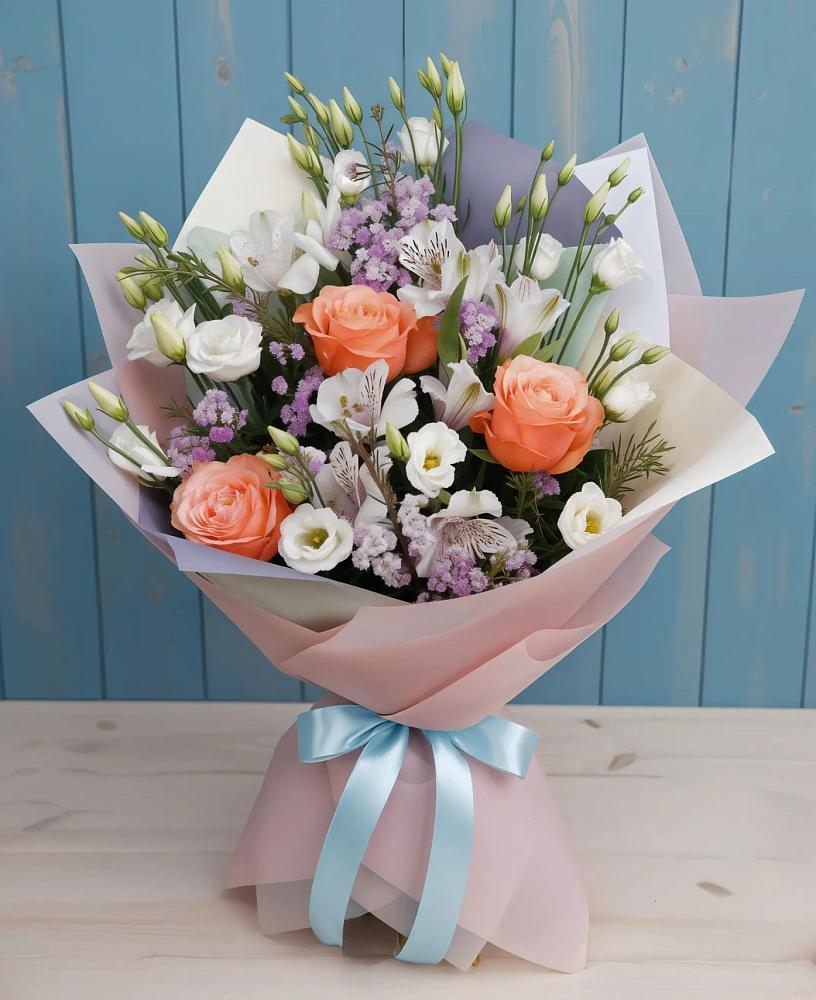 Букет цветов из: Лизиантусы, Розы, Альстромерии и Гипсофила в Нерчинске