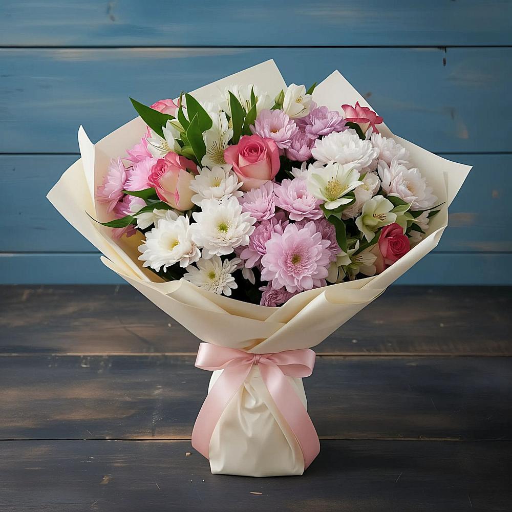 Букет цветов из: Хризантемы, Альстромерии и Розы в Нерчинске